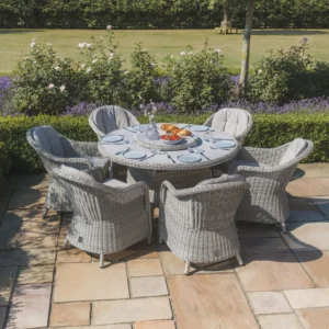 Oxford 6 Seat Round Dining Set with Heritage Dining Chairs & Woven Lazy Susan – Ceramic Glass